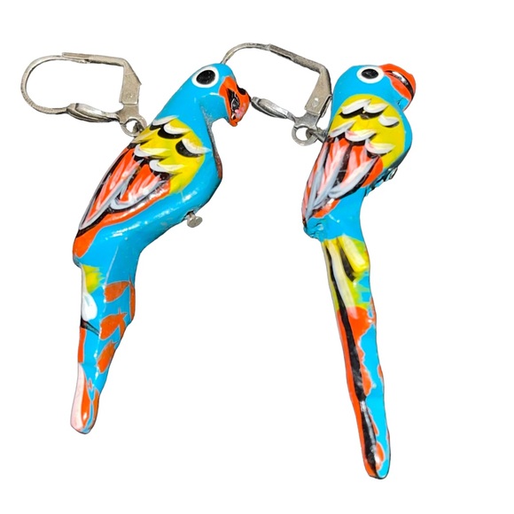 Vintage Wooden Parrot Dangle Earrings 80s Jewelry Tropical Beach Multi Color 2” - Picture 3 of 4